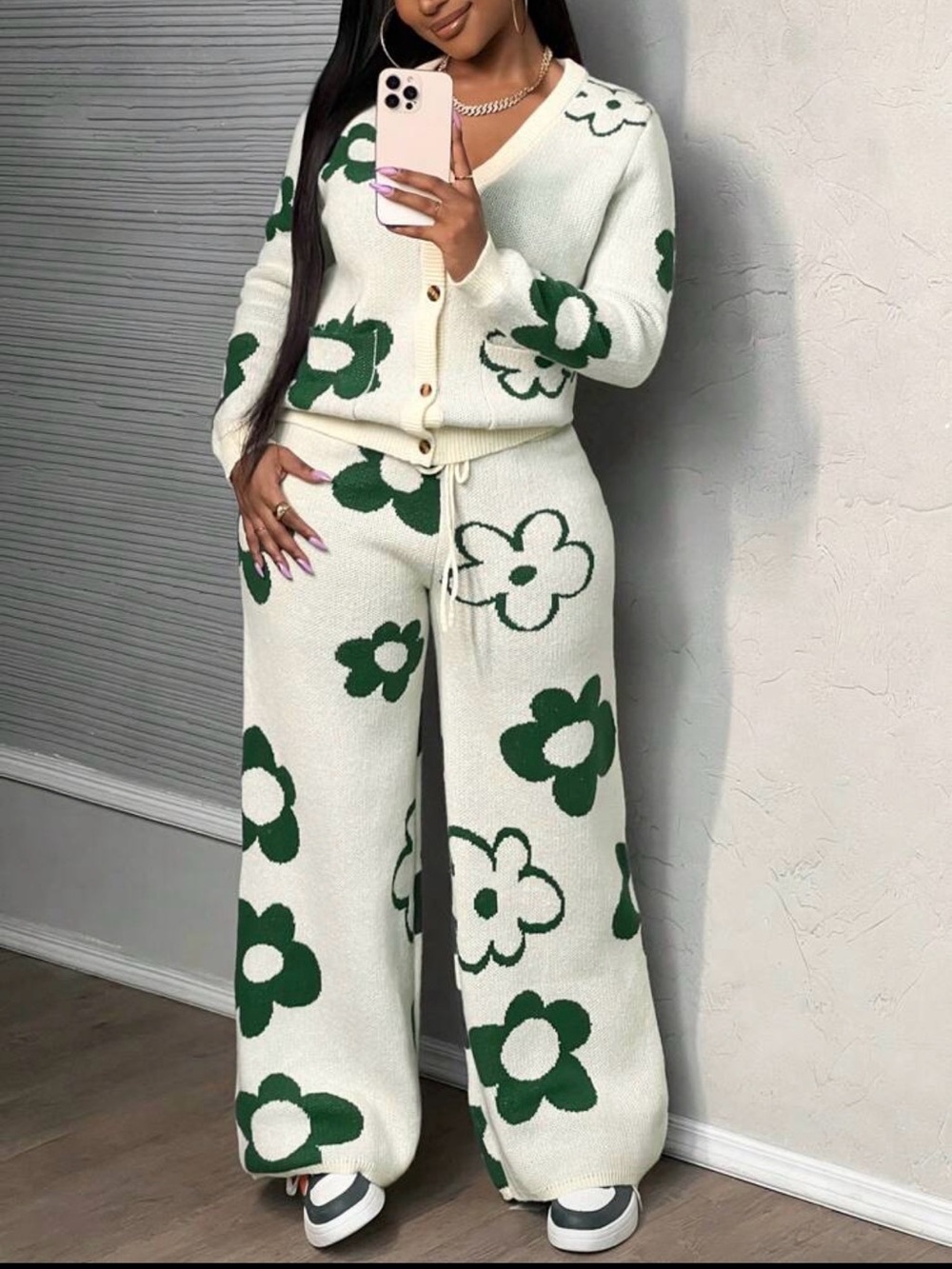 Wide-Leg Floral Knit Pants in Cream & Green